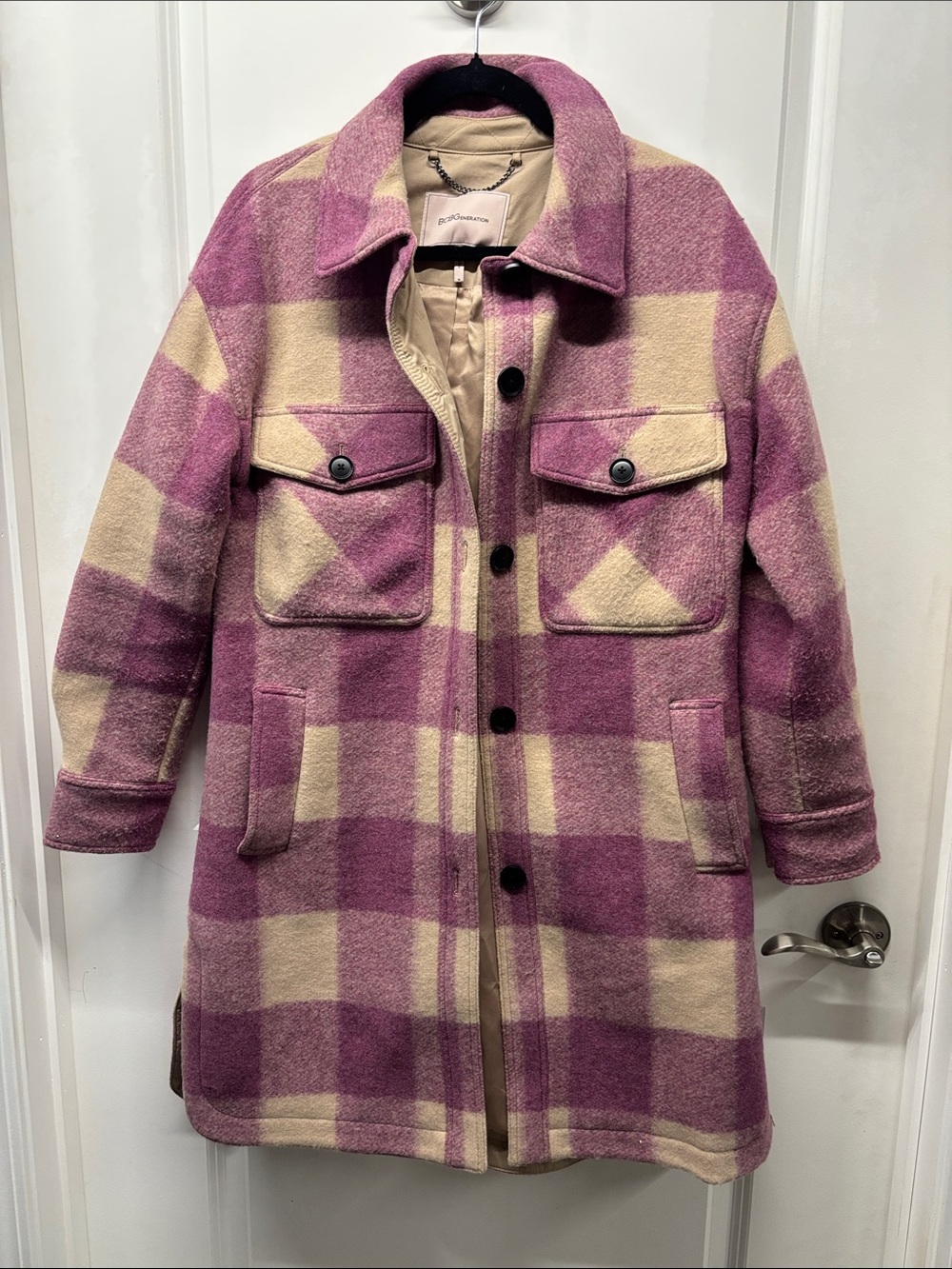 BCBGeneration Pink & Cream Plaid Wool-Blend Pea Coat